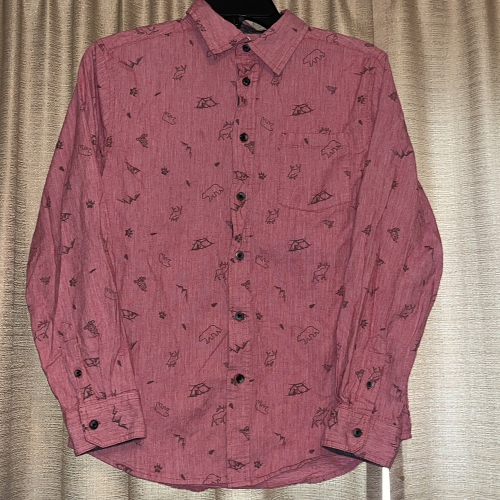Wonder Nation Boys XL 14/16 Red Button Down Collared Shirt Outdoorsy Print